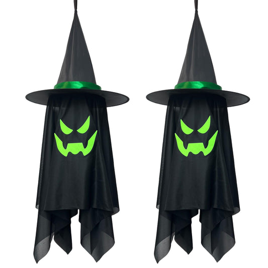 2 Pack Halloween Hanging Floating Witch Hats with Ghost Veil 15" x 38"