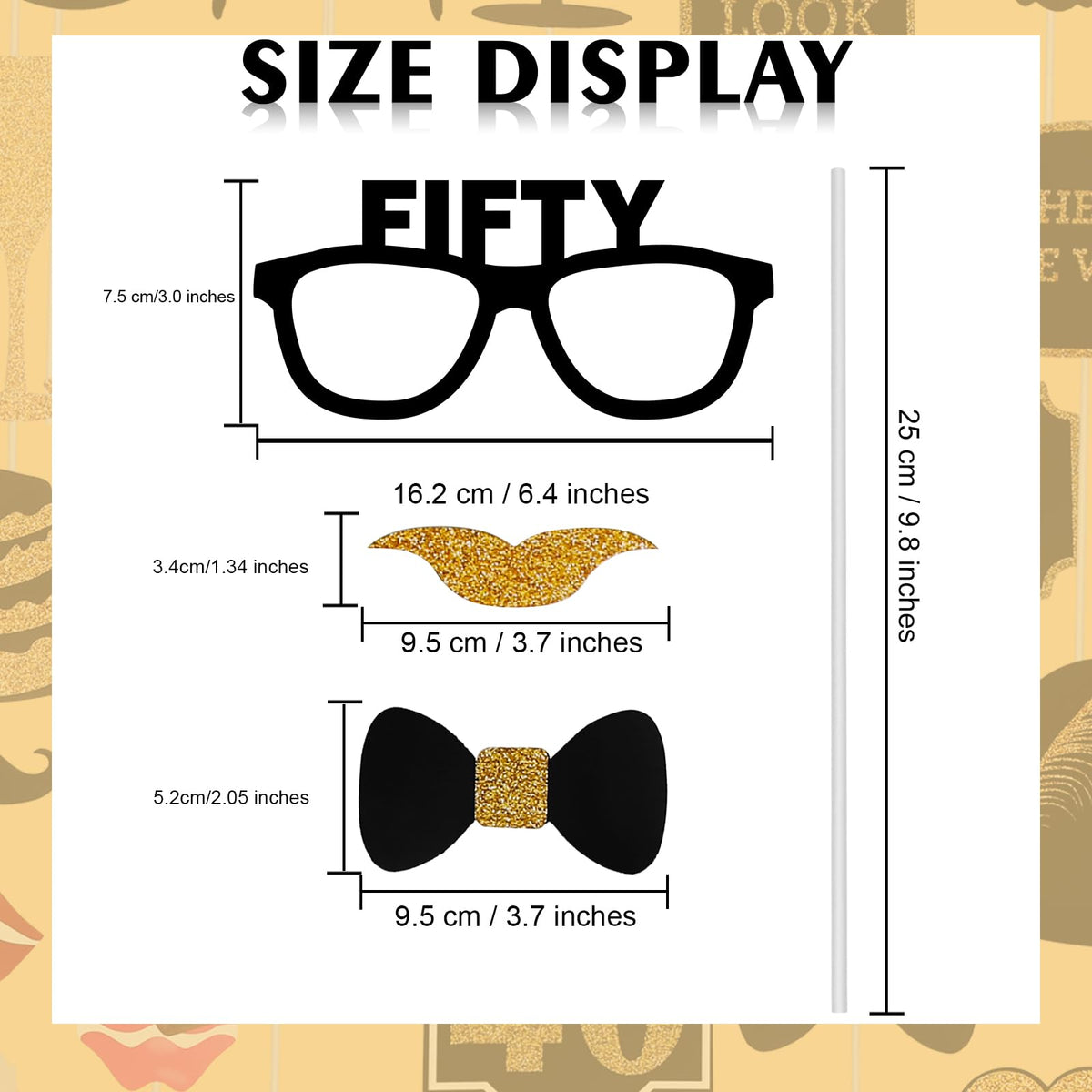 50th Birthday Photo Booth Props - 41 Pcs Black and Gold Funny Birthday Party Decorations for Men & Women, Fifty and Fabulous Anniversary Party Supplies,50th Printed Gold Glitter Selfie Props Kit