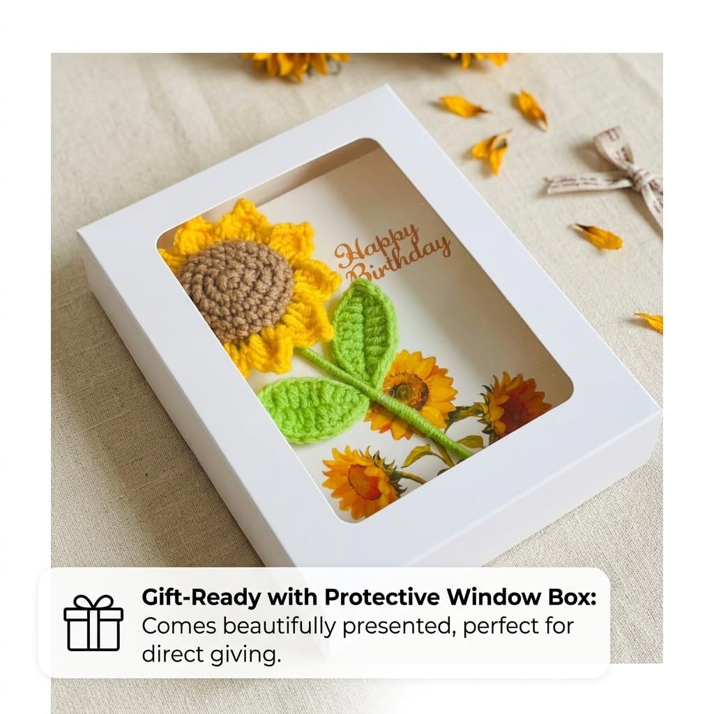 Crochet Sunflower Birthday Card with Gift Box, Handmade Knitted Flower Greeting Card with Detachable Desk Ornament, Unique Pop Up Birthday Gifts for Women, Mom, Grandma, Sister,Girls,Friends