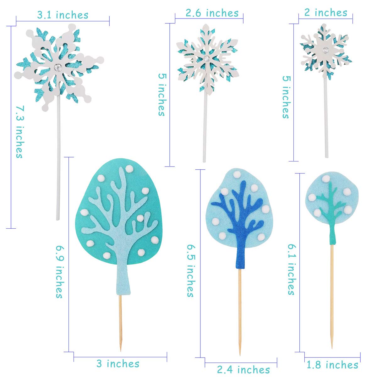 Winter Snowflake Woodland Snow Trees Cake Toppers, Handmade Frozen Theme Cake Decorations for Christmas, Birthday, Baby Shower Party, Kids Birthday Party Supplies