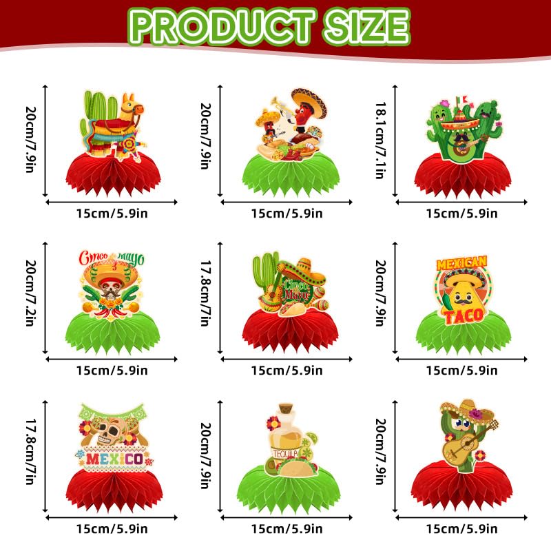 9 Pack Cinco de Mayo Table Toppers, Mexican Party Paper Honeycomb Table Decor, Fiesta Table Centerpieces with for Cinco de Mayo Fiesta, Taco Party, Mexican Birthday Decorations