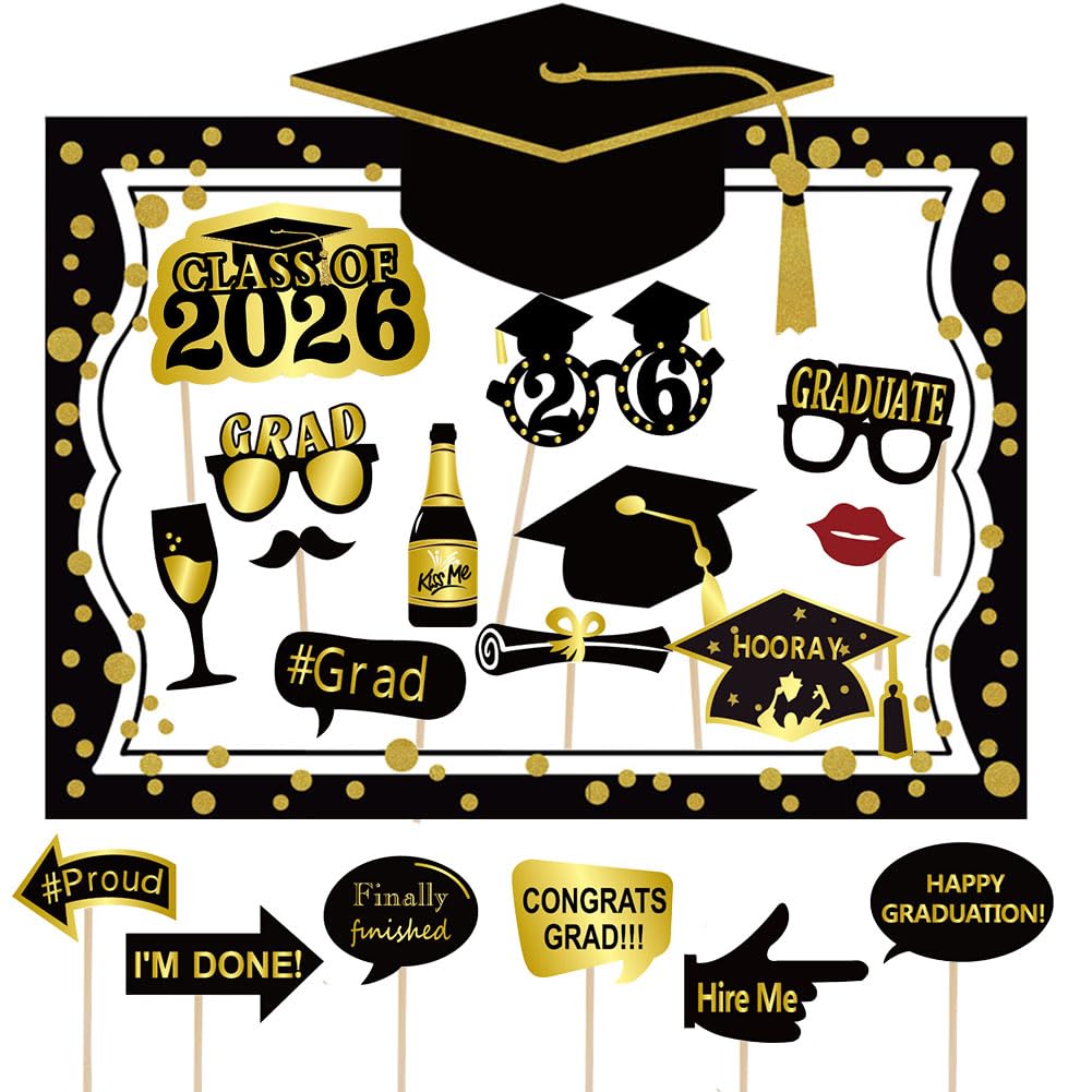 2026 Graduation Selfie Photo Booth Frame Black and Gold with 18Pcs Graduation Photo Booth Props, Upgraded Version with Support Cardboard, 2026 Grad Party Pose Sign