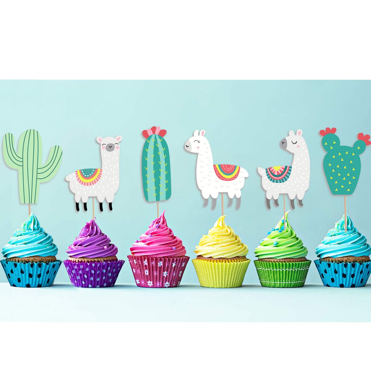 Llama Cactus Alpaca Cupcake Topper (48Pcs), Mexican Taco Llama Fiesta Cinco De Mayo Party Supplies Birthday Baby Shower Party Decorations
