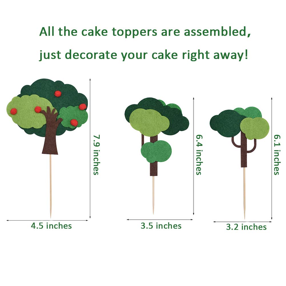 15 PCS Woodland Forest Cake Topper Trees，Handmade Felt Green Tree Cupcake Toppers for Jungle Safari Birthday, Camping Theme Party Decorations, Baby Shower Woodland Creatures Dessert Decor