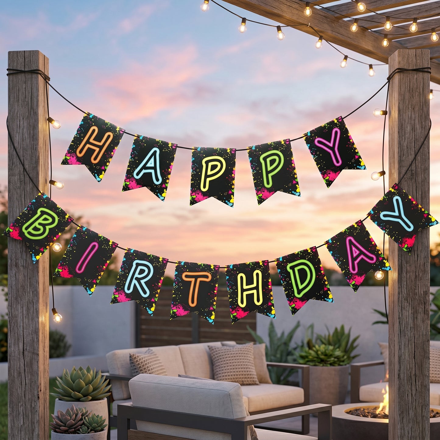 Glow Party Happy Birthday Banner Decoration（Already Assembled）, 80s Birthday Banner Let's Glow Party Decorations, Glow in the Dark Party Supplies, Neon Party Birthday Decorations