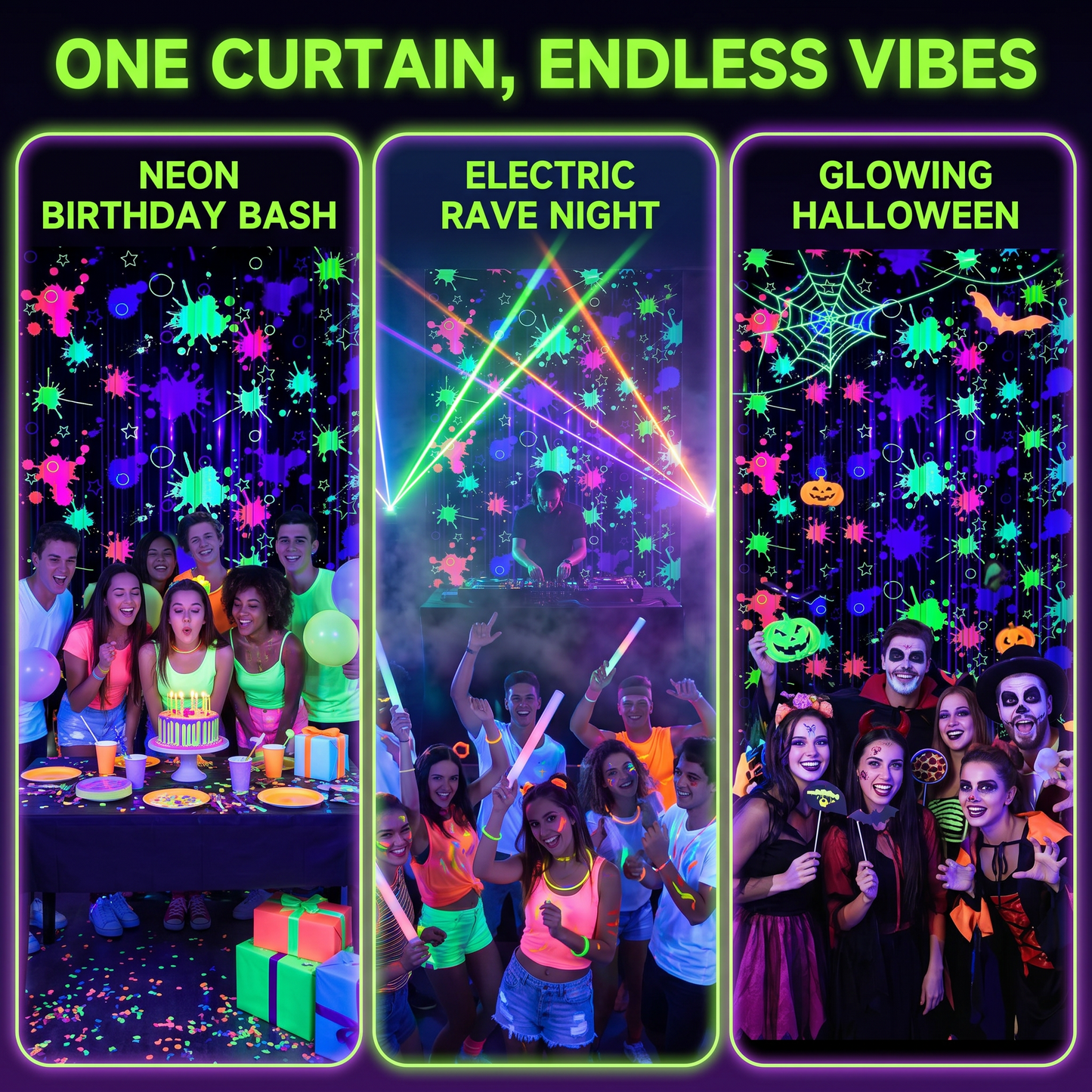 2 Pack Blacklight Glow in The Dark Foil Fringe Curtain, UV Reactive Neon Splatter Party Backdrop Streamers (39" x 79") with Self-Adhesive for Birthday, Rave Party, Photo Booth