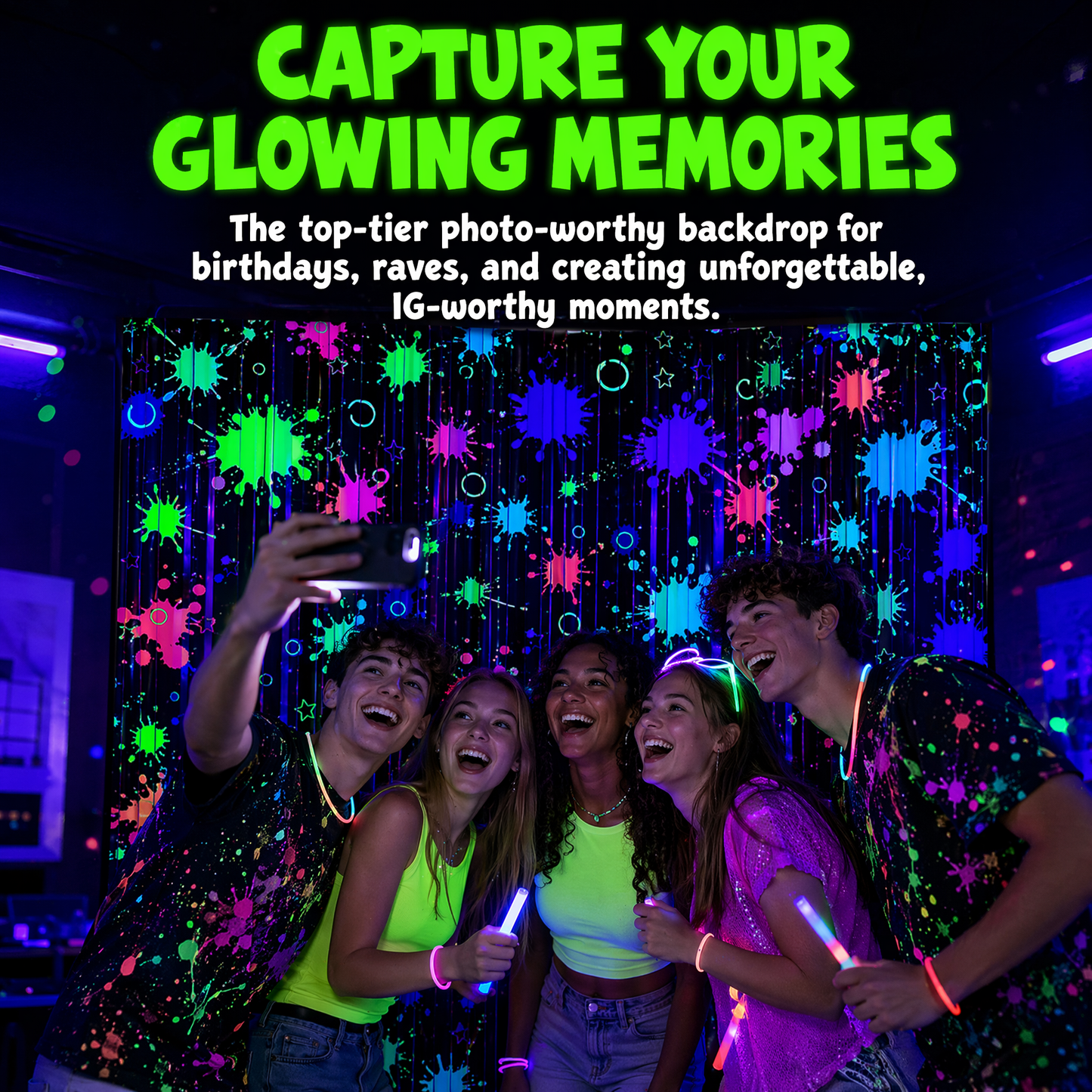 2 Pack Blacklight Glow in The Dark Foil Fringe Curtain, UV Reactive Neon Splatter Party Backdrop Streamers (39" x 79") with Self-Adhesive for Birthday, Rave Party, Photo Booth