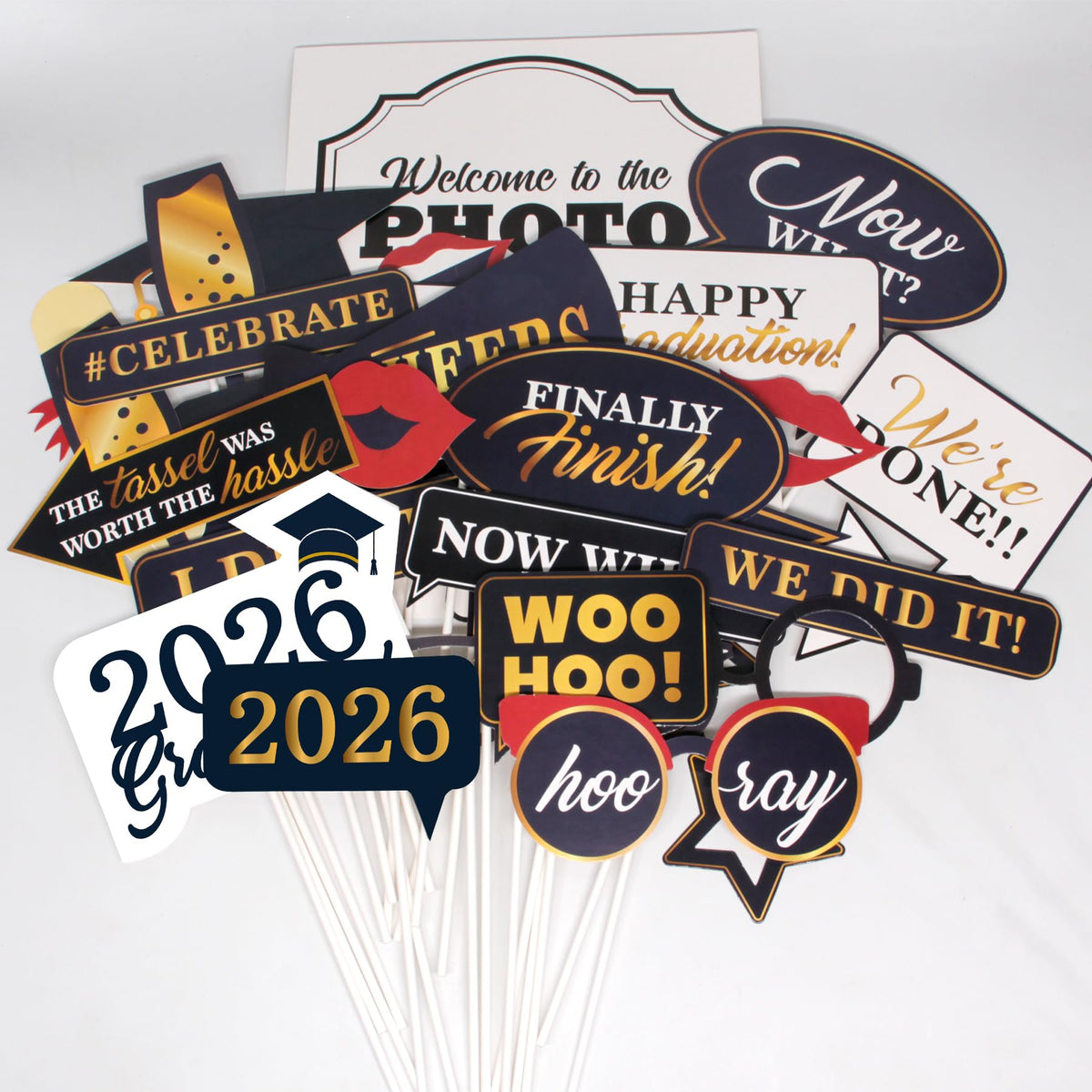 Graduation Photo Booth Props, Blue Black Red Gold Graduation Decorations for Congrats Grad Party Supplies, Upgraded Version with Long Stick, 2026 Grad Party Pose Sign-32Pcs