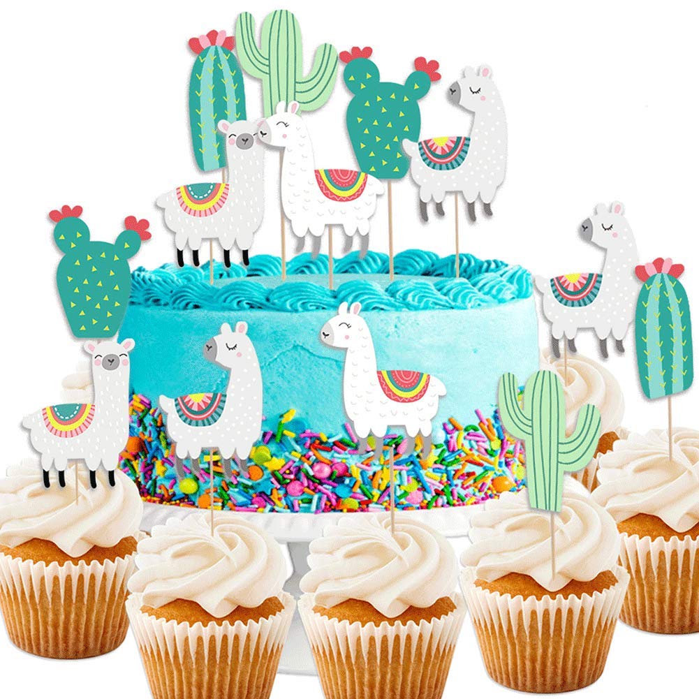 Llama Cactus Alpaca Cupcake Topper (48Pcs), Mexican Taco Llama Fiesta Cinco De Mayo Party Supplies Birthday Baby Shower Party Decorations