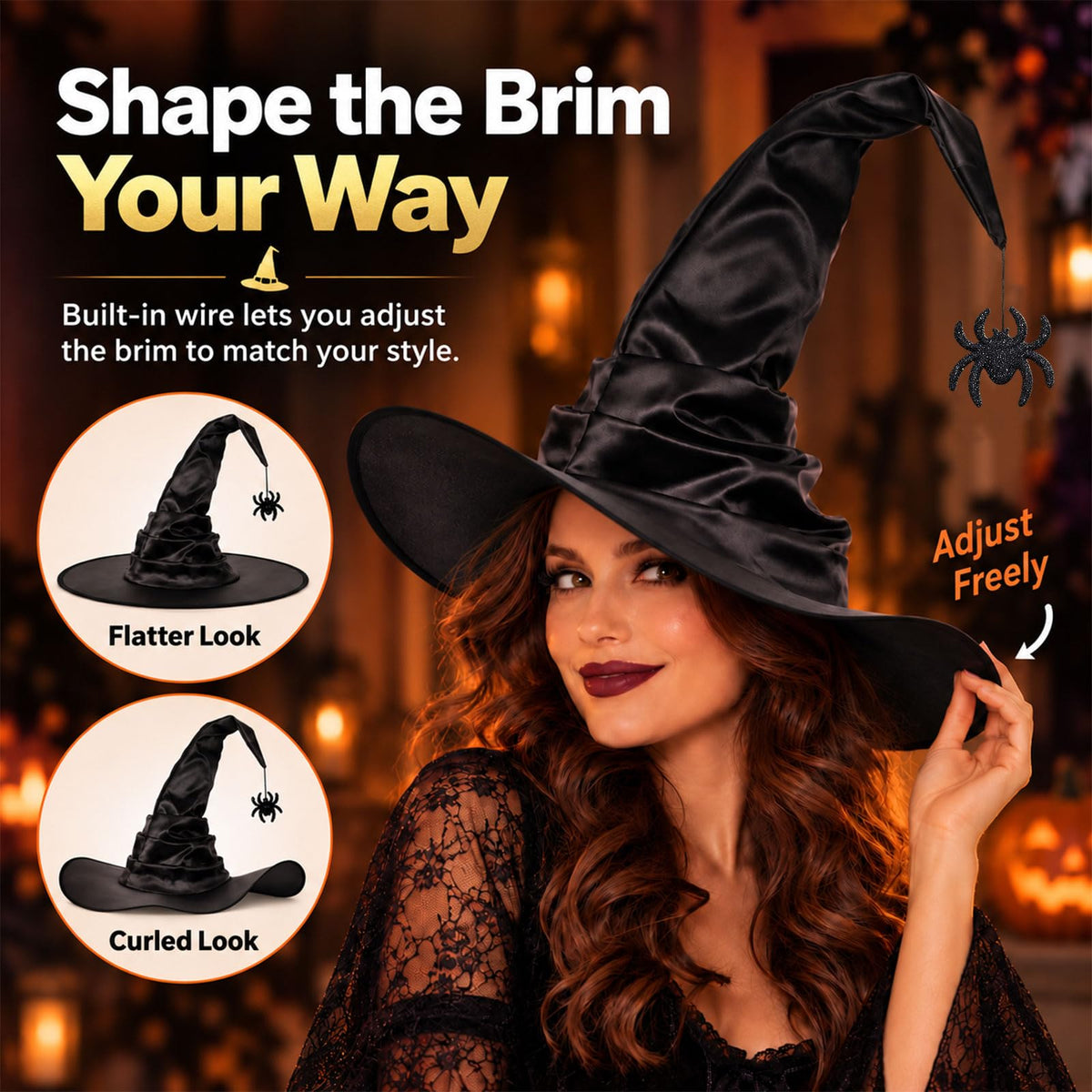 Black Witch Hat for Adults with Spider, Satin Halloween Costume Hat