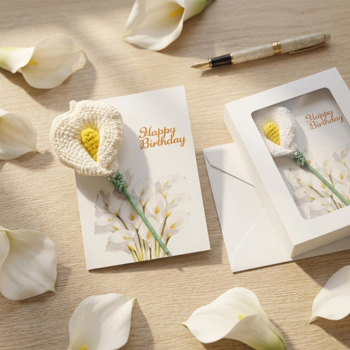 Crochet Calla Lily Birthday Card with Gift Box, Handmade Knitted Flower Greeting Card with Detachable Desk Ornament & Adjustable Stem, Elegant Pop Up Birthday Gifts for Mom, Women, Teacher,Grandma, Sister,Girls,Friends
