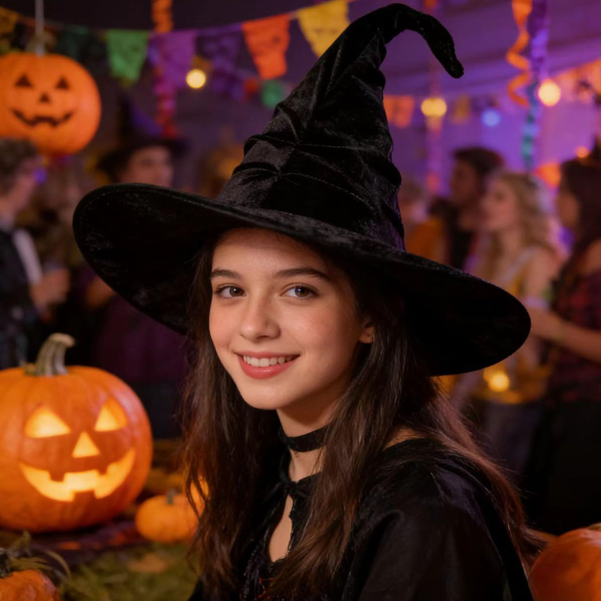 15.8 Inch Ruched Halloween Black Velvet Witch Hat for Women Girls