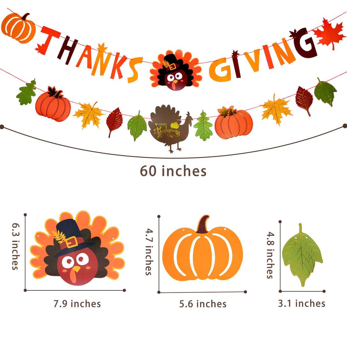 Thanks Giving Banners(Pre-Assembled)Fall Maple Leaves Pumpkins Turkeys Banner for Thanksgiving Day, Happy Thanksgiving Fall Party Sign Banner Garland Decoration for Mantle Dinner Table Fireplace