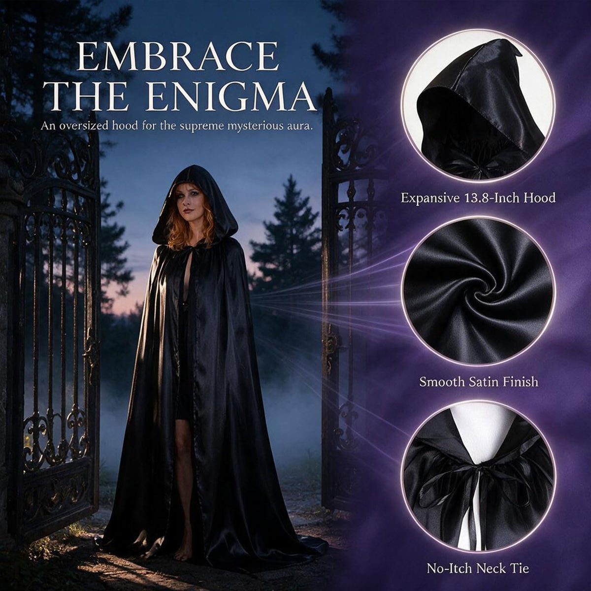 59" Halloween Black Hooded Cloak Full Length Satin Cape for Costume Cosplay