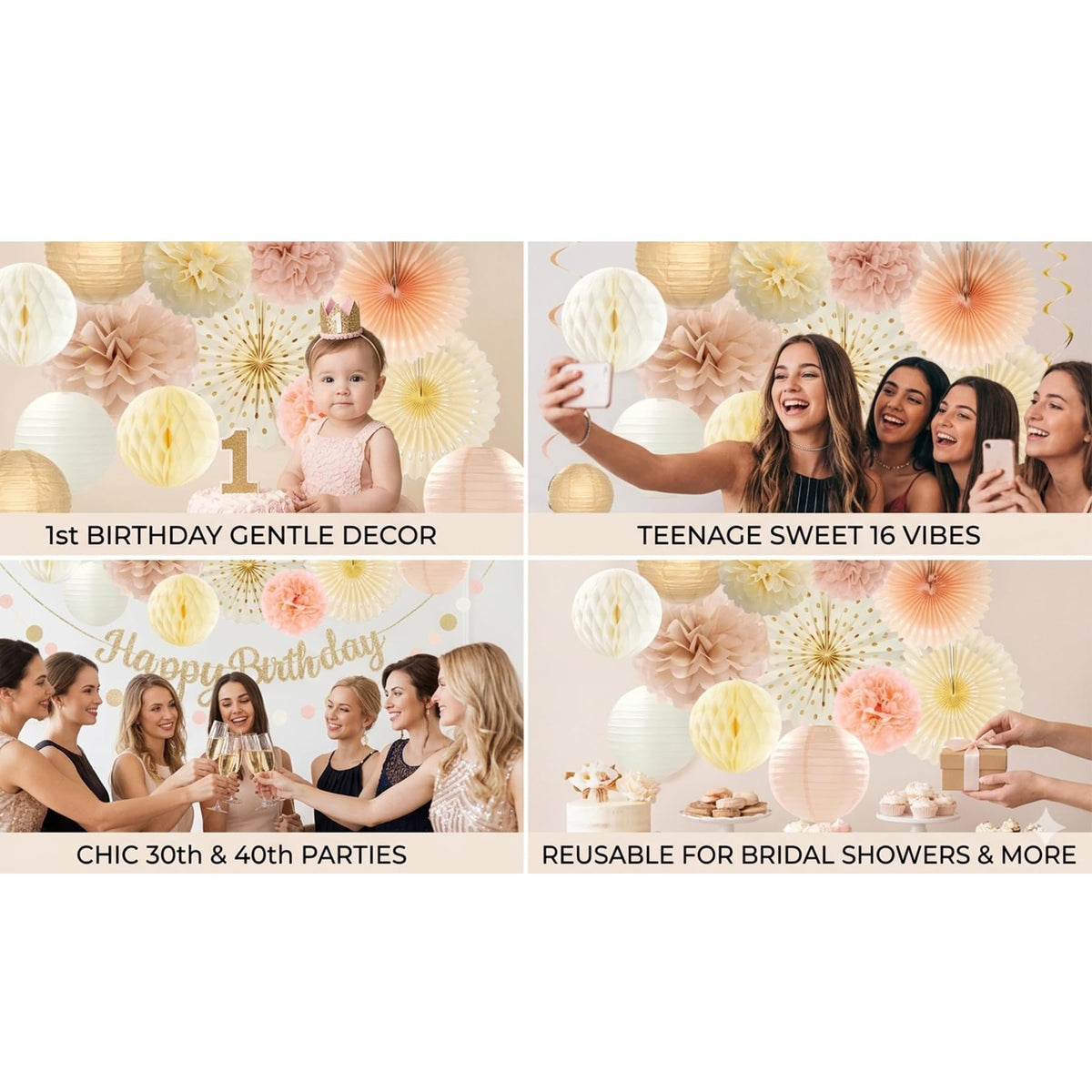 Champagne-Gold Birthday Party Decorations Kit-26 Piece- Glittery Banner,Peach and Cream Yellow Color Scheme Paper Decorations, Birthday Party Supplies for Women Girls Neutral Boho Birthday Party Decor