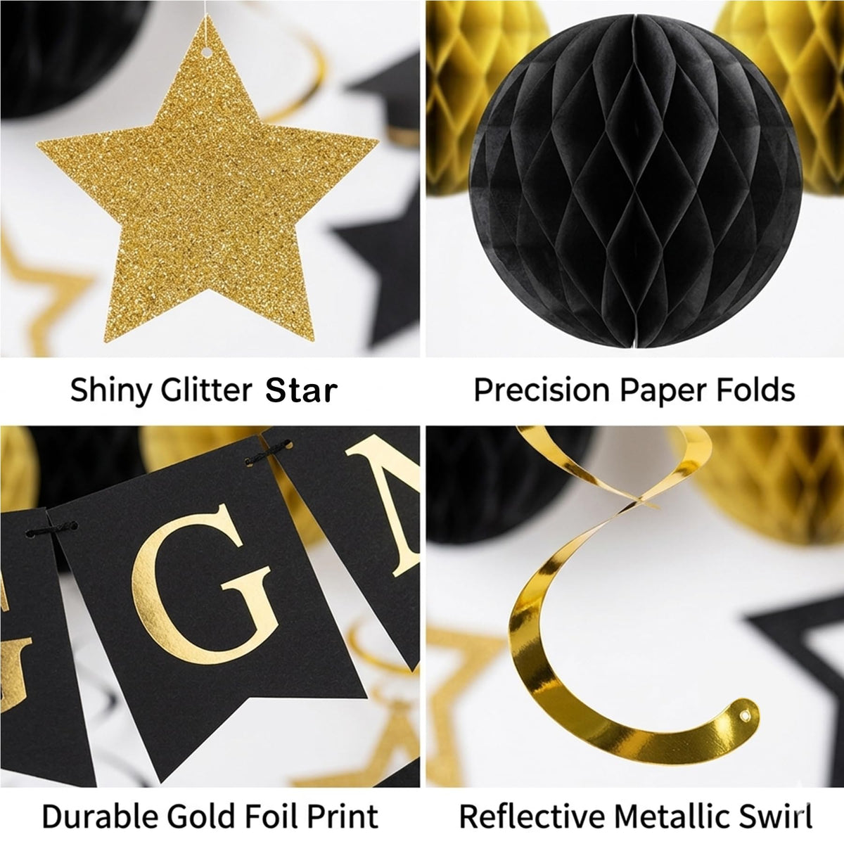 Graduation Decorations 2026-17Pcs Black and Gold Graduation Party Supplies, Congrats Grad Banner, Honeycomb Balls, Grad Hanging Swirls, Star Garlands - Class of 2026 Decor for College, High School