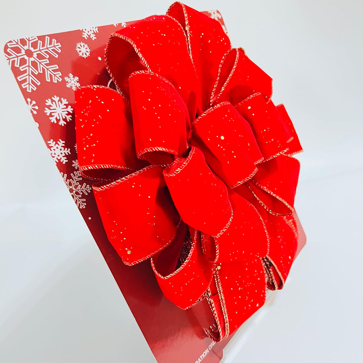 Christmas Jumbo Bows Gift Boxed, 52inches by 12 Inches Gold Wired Red Velvet Bows with Gold Confetti and Four Long Tails for Wreath Floral, Christmas Tree Topper, Outside Bowknot
