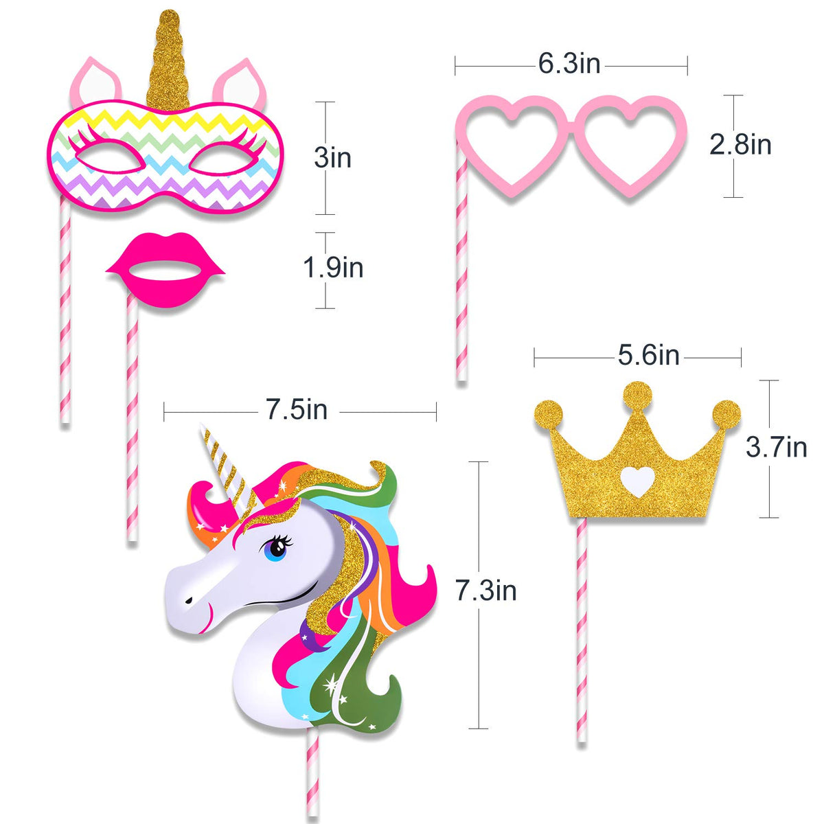 Glittery Pink and Gold Unicorn Photo Booth Props-12 PCS Fully Assembled
