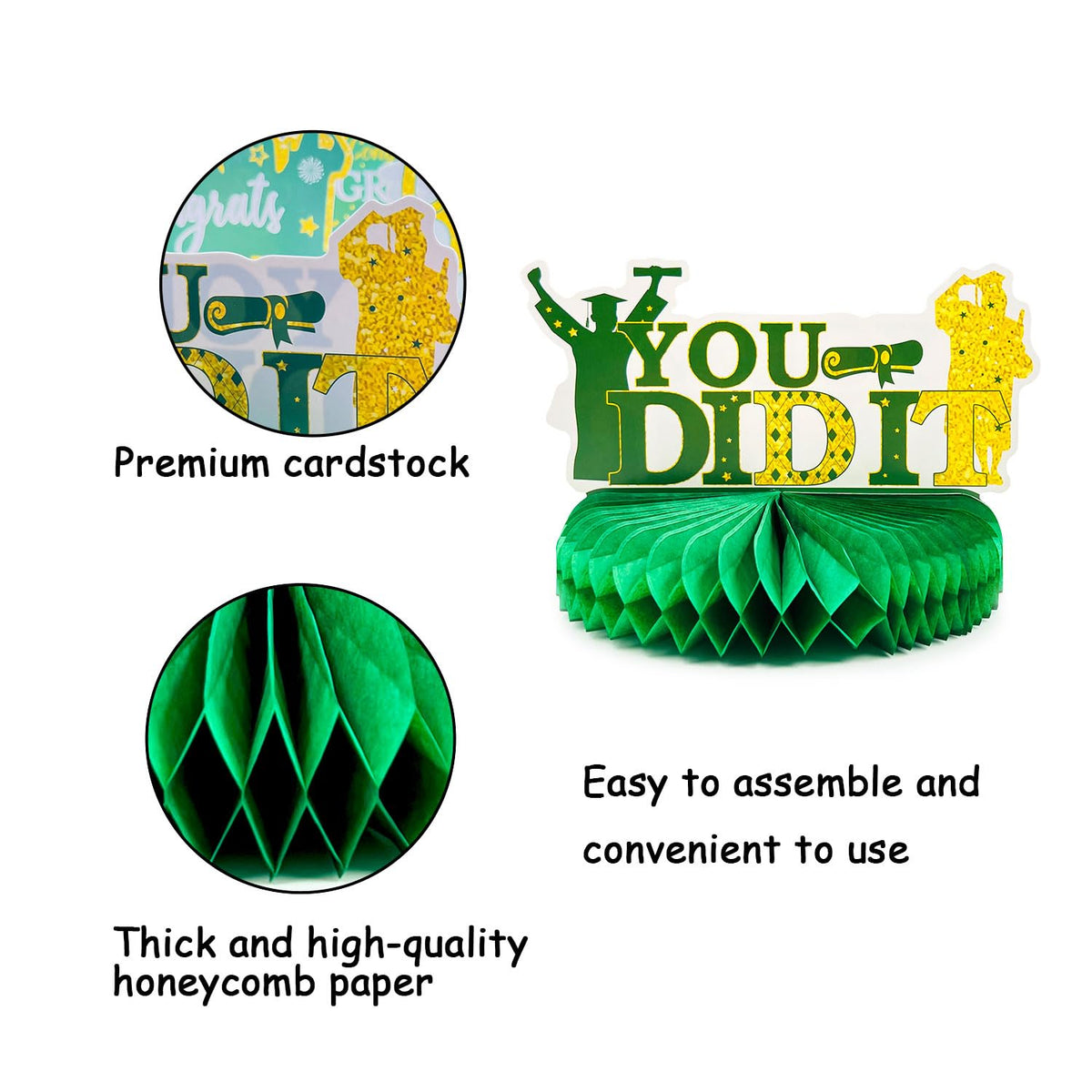 8 Pcs Green and Gold Graduation Honeycomb Centerpieces 2026 - Class of 2026 Graduation Decorations for Tables - Congrats Grad Table Toppers, Paper Centerpieces for High School College Party Supplies