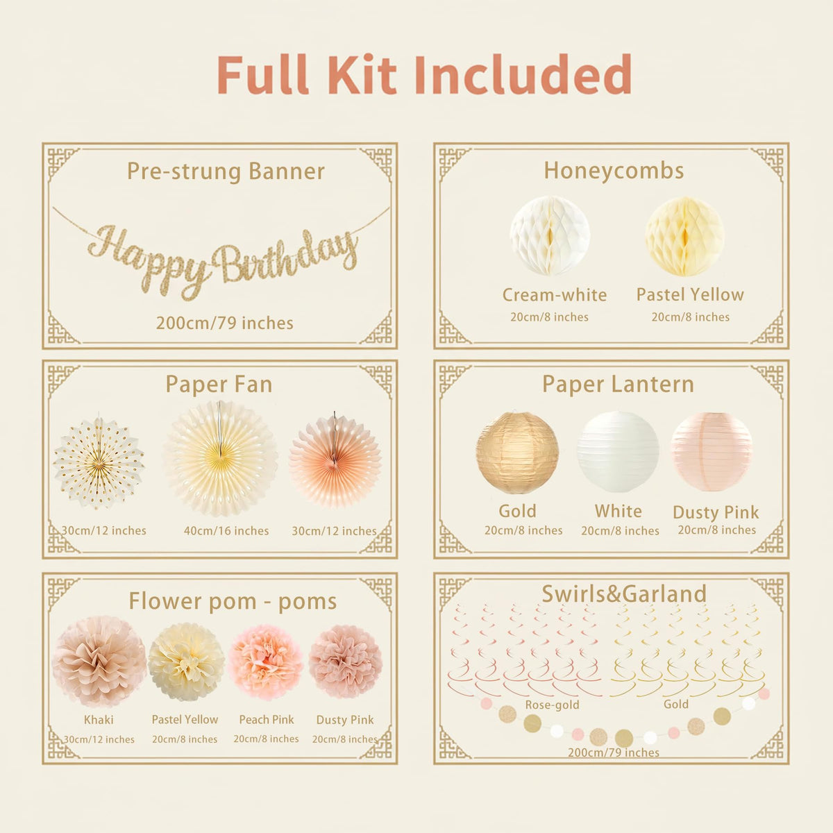 Champagne-Gold Birthday Party Decorations Kit-26 Piece- Glittery Banner,Peach and Cream Yellow Color Scheme Paper Decorations, Birthday Party Supplies for Women Girls Neutral Boho Birthday Party Decor