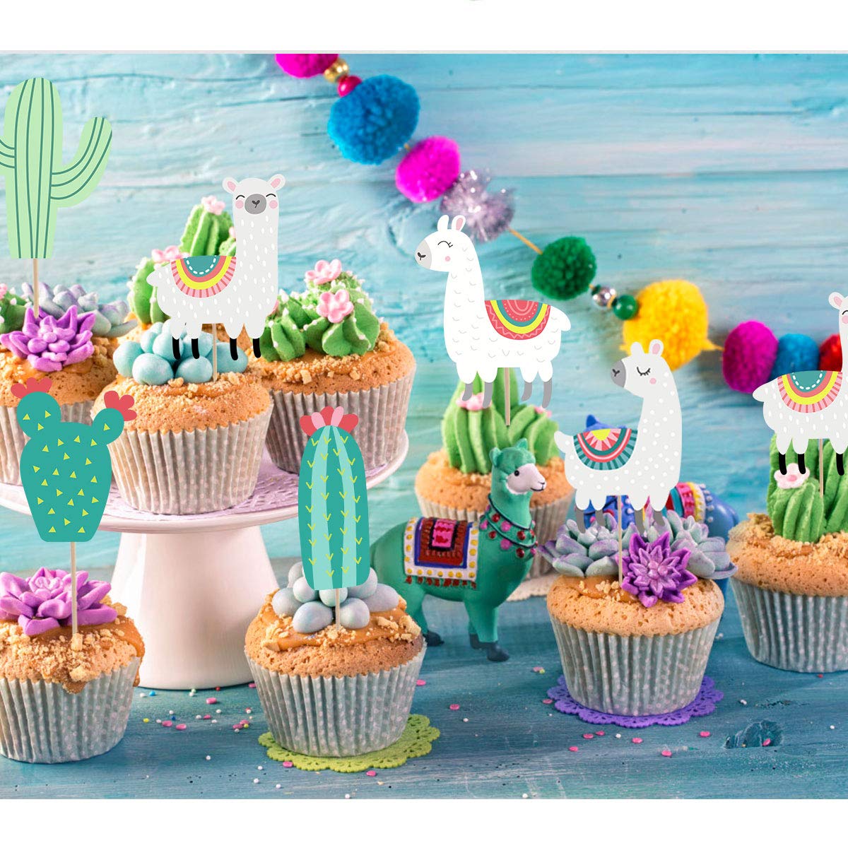 Llama Cactus Alpaca Cupcake Topper (48Pcs), Mexican Taco Llama Fiesta Cinco De Mayo Party Supplies Birthday Baby Shower Party Decorations