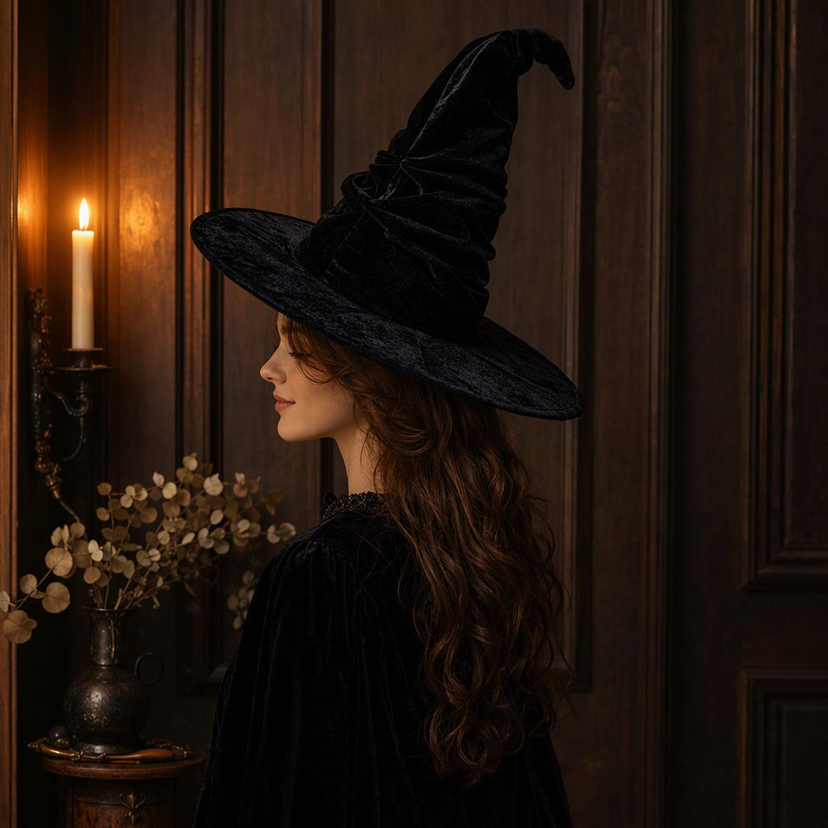 15.8 Inch Ruched Halloween Black Velvet Witch Hat for Women Girls