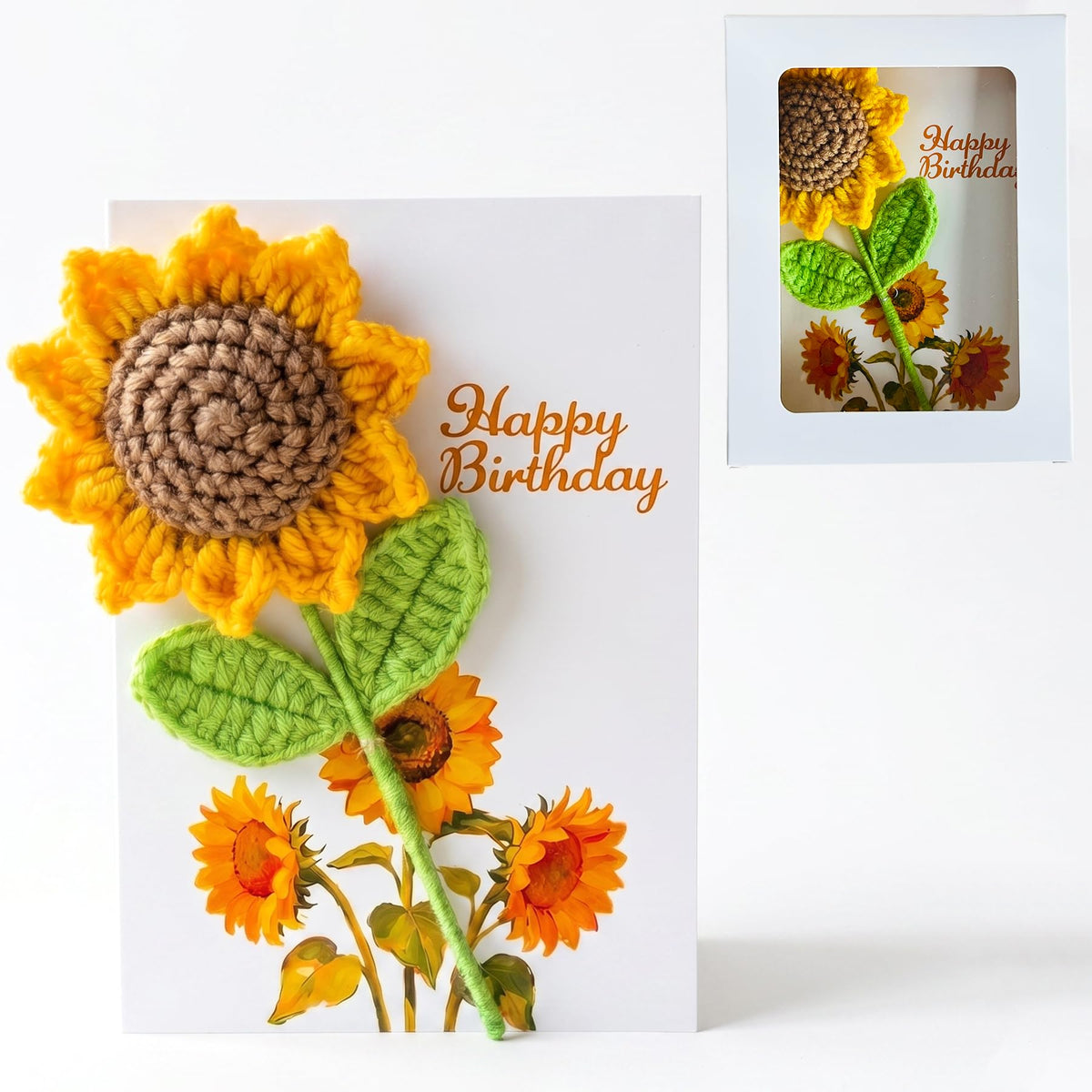 Crochet Sunflower Birthday Card with Gift Box, Handmade Knitted Flower Greeting Card with Detachable Desk Ornament, Unique Pop Up Birthday Gifts for Women, Mom, Grandma, Sister,Girls,Friends