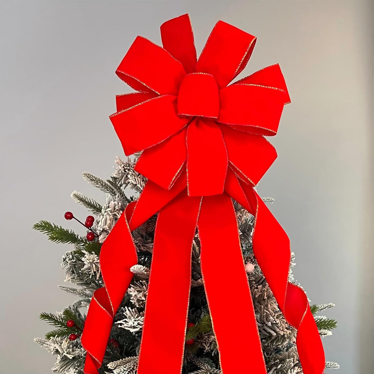 Christmas Large Bows 2 Pcs - Gold Wired Red Velvet Bows with Long Tails for Wreath Floral, Christmas Tree Topper, Outdoor Bowknot for Wedding Birthday Party Red Bow for Car Garden Festive Décor