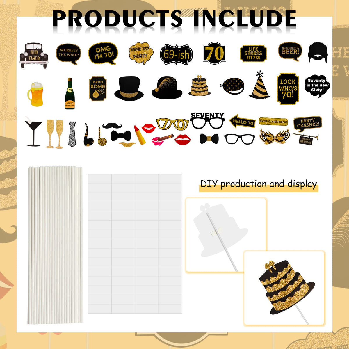 Adult 70th Birthday Photo Booth Props(41Pcs) for Her Him Cheers to 70 Years Birthday Party, Gold and Red Decorations, 70th Happy Birthday Party Supplies for Men Women