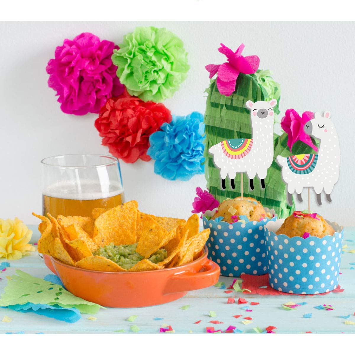 Llama Cactus Alpaca Cupcake Topper (48Pcs), Mexican Taco Llama Fiesta Cinco De Mayo Party Supplies Birthday Baby Shower Party Decorations