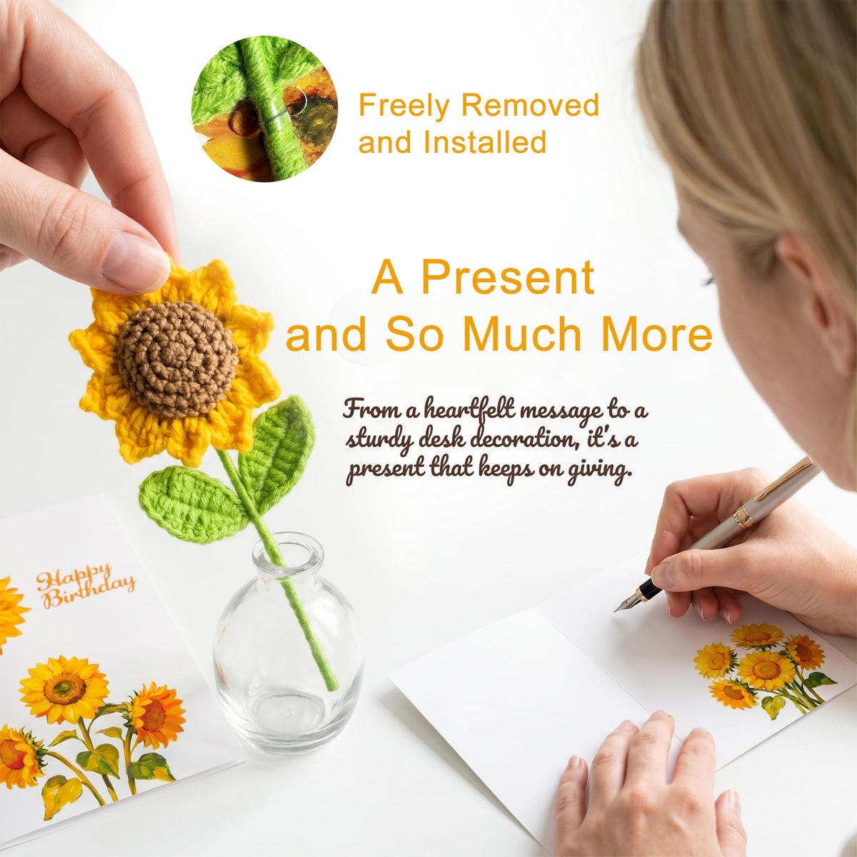 Crochet Sunflower Birthday Card with Gift Box, Handmade Knitted Flower Greeting Card with Detachable Desk Ornament, Unique Pop Up Birthday Gifts for Women, Mom, Grandma, Sister,Girls,Friends