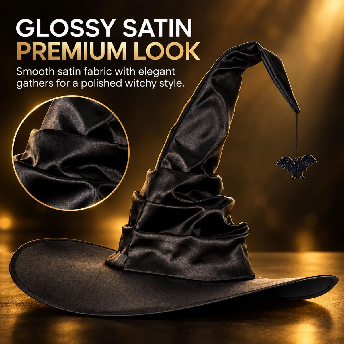 Black Witch Hat for Adults with Bat, 16”Satin Halloween Costume Hat