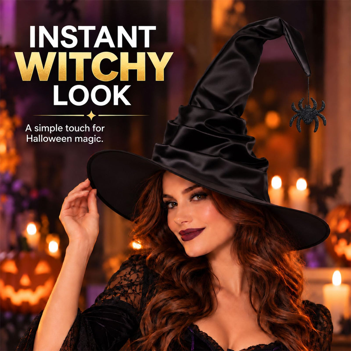 Black Witch Hat for Adults with Spider, Satin Halloween Costume Hat