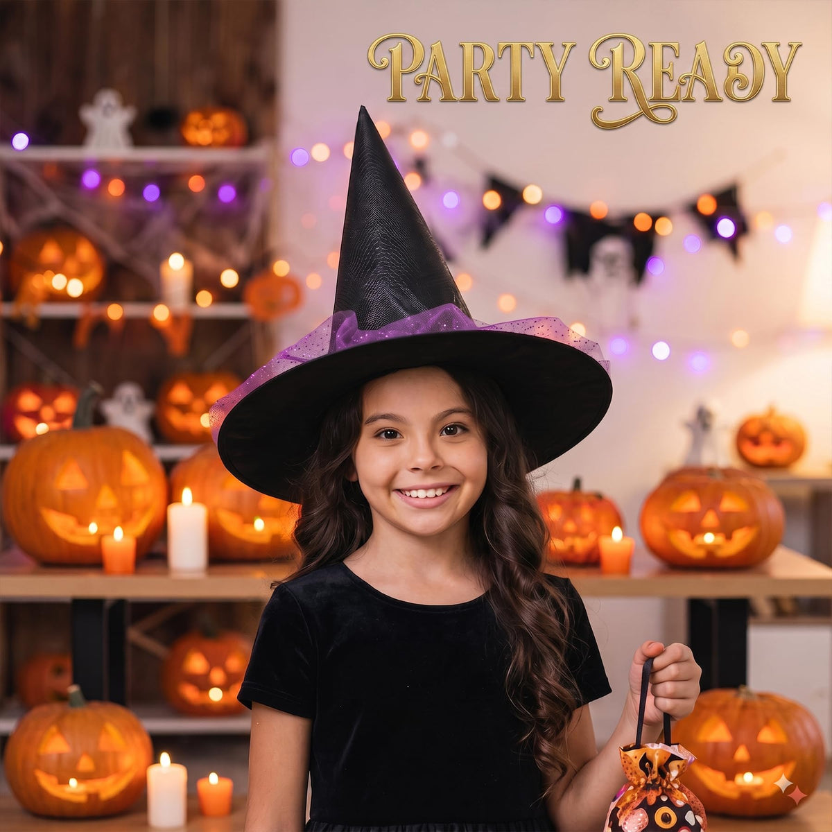 Kids Witch Hat with Glitter Tulle for Halloween Costume-Black and Purple