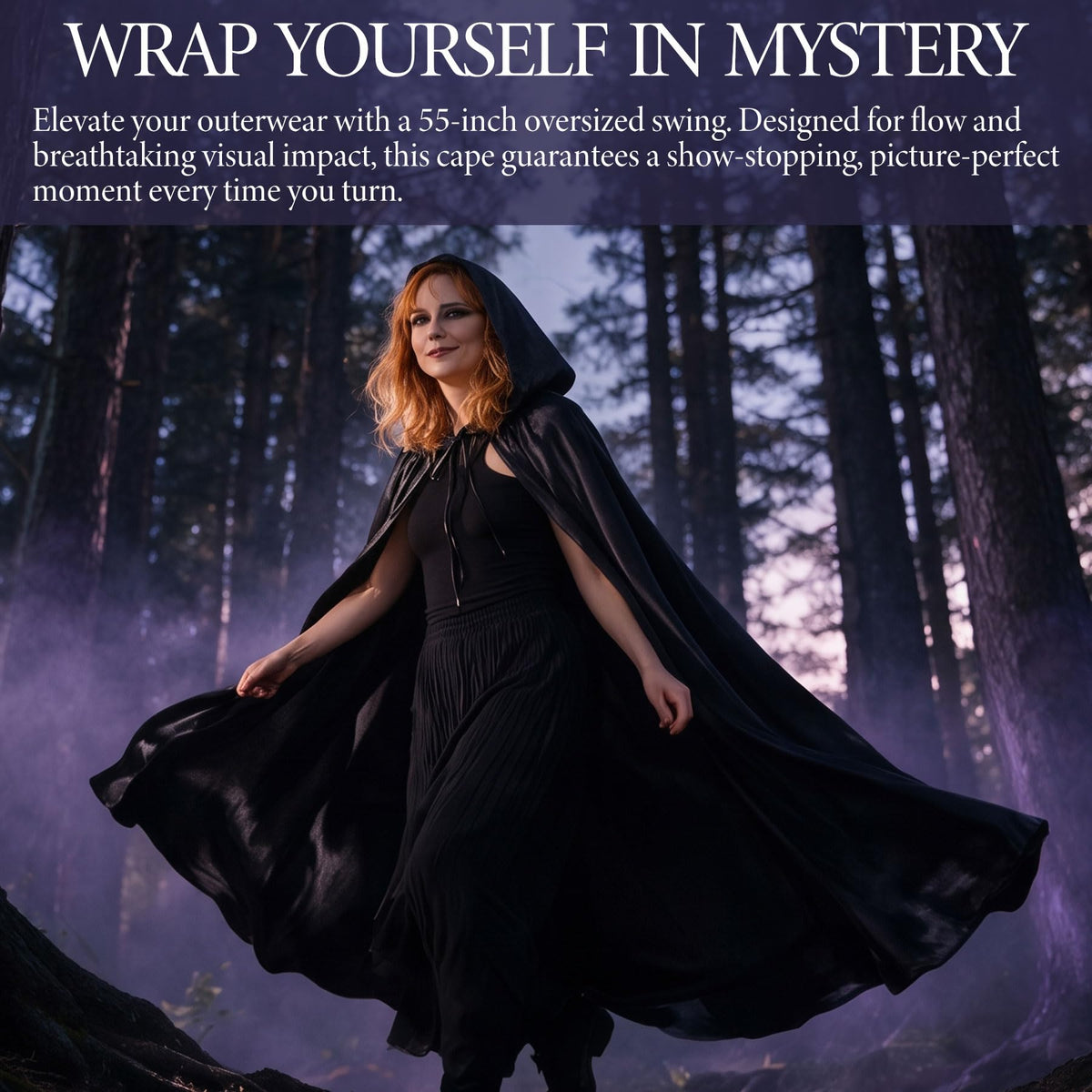 59" Halloween Black Hooded Cloak Full Length Satin Cape for Costume Cosplay