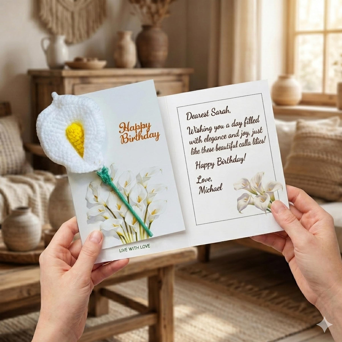 Crochet Calla Lily Birthday Card with Gift Box, Handmade Knitted Flower Greeting Card with Detachable Desk Ornament & Adjustable Stem, Elegant Pop Up Birthday Gifts for Mom, Women, Teacher,Grandma, Sister,Girls,Friends