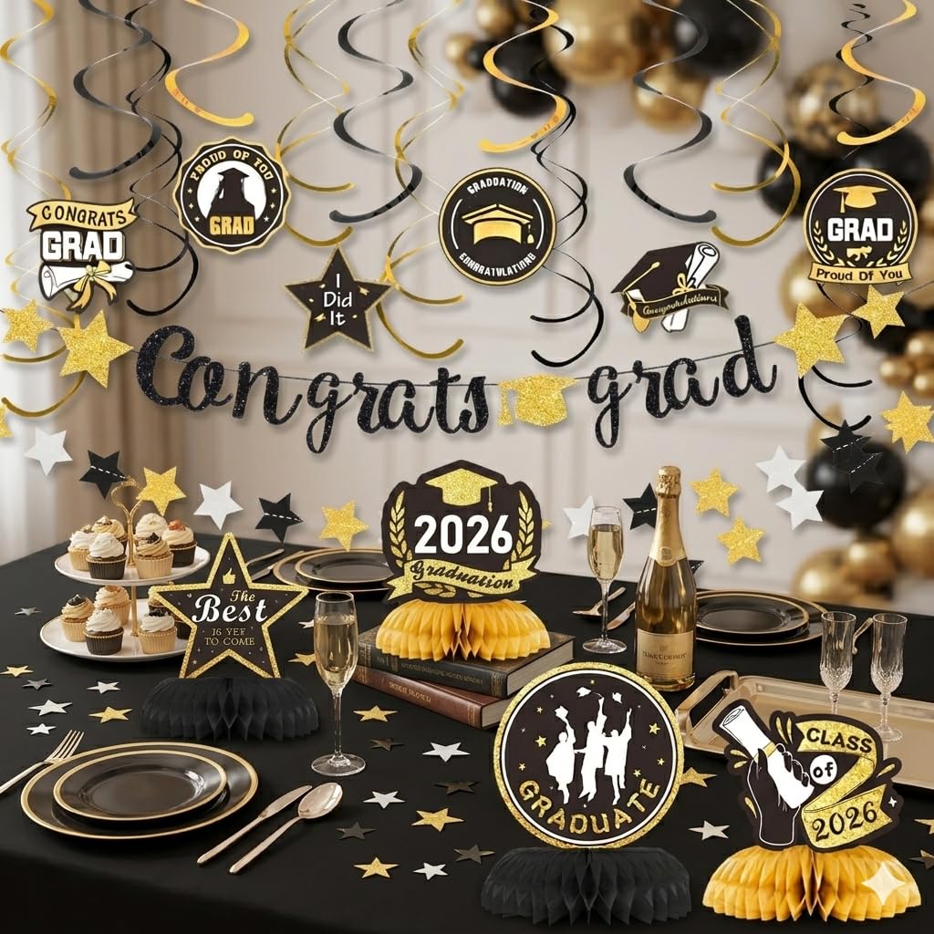 2026 Graduation Decorations,Congrats Grad Banner (Assembled) Gradutaion Centerpieces Grad Swirls with Black Gold Silver Star Garland, Class of 2026 Party Decorations,High School College