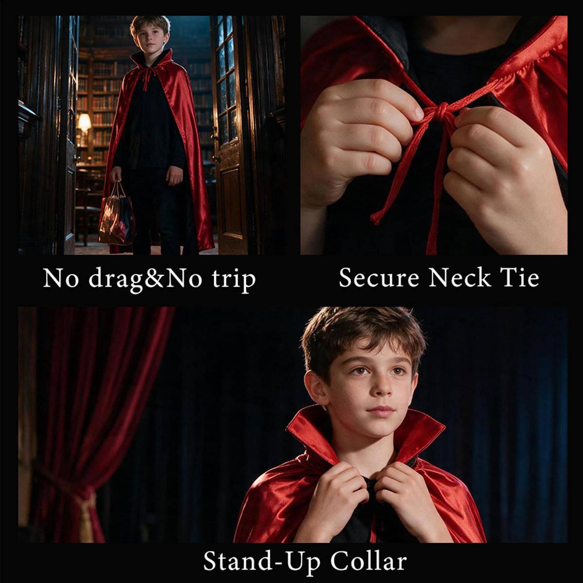 Kids Reversible Vampire Cape Halloween Cloak Red & Black Thickened Collar