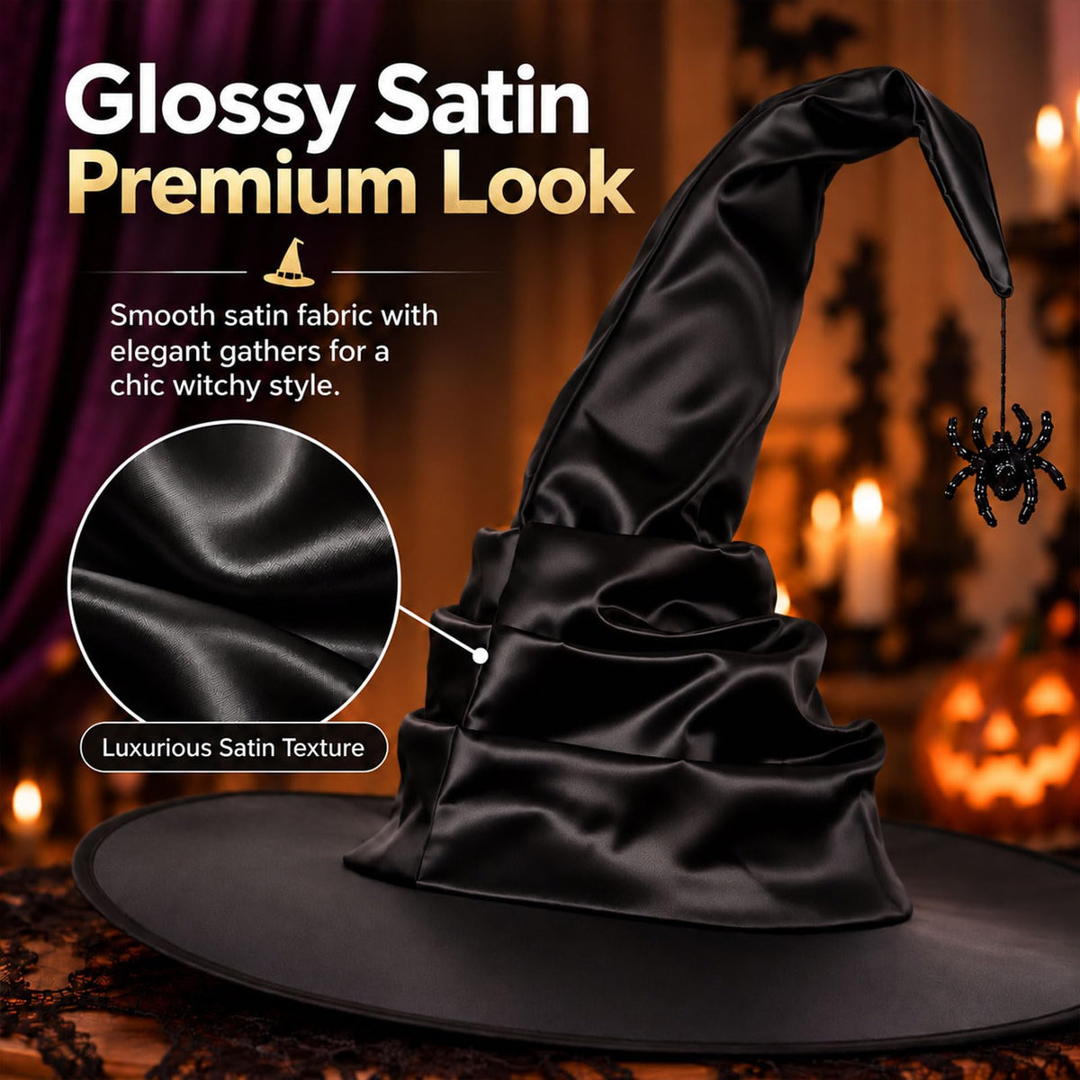 Black Witch Hat for Adults with Spider, Satin Halloween Costume Hat