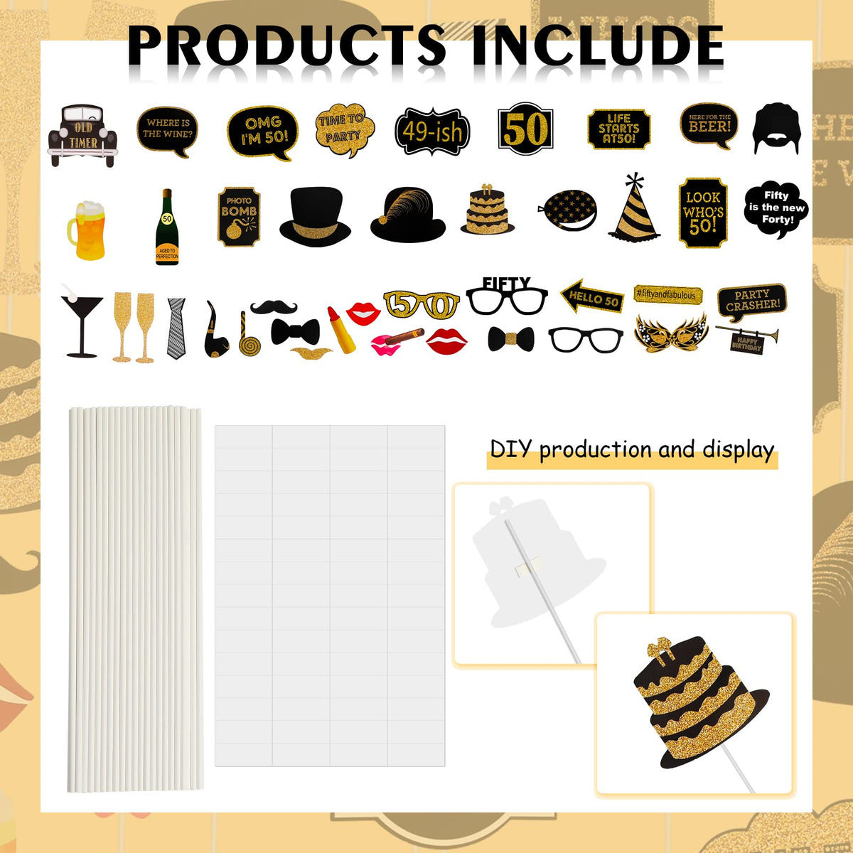 50th Birthday Photo Booth Props - 41 Pcs Black and Gold Funny Birthday Party Decorations for Men & Women, Fifty and Fabulous Anniversary Party Supplies,50th Printed Gold Glitter Selfie Props Kit