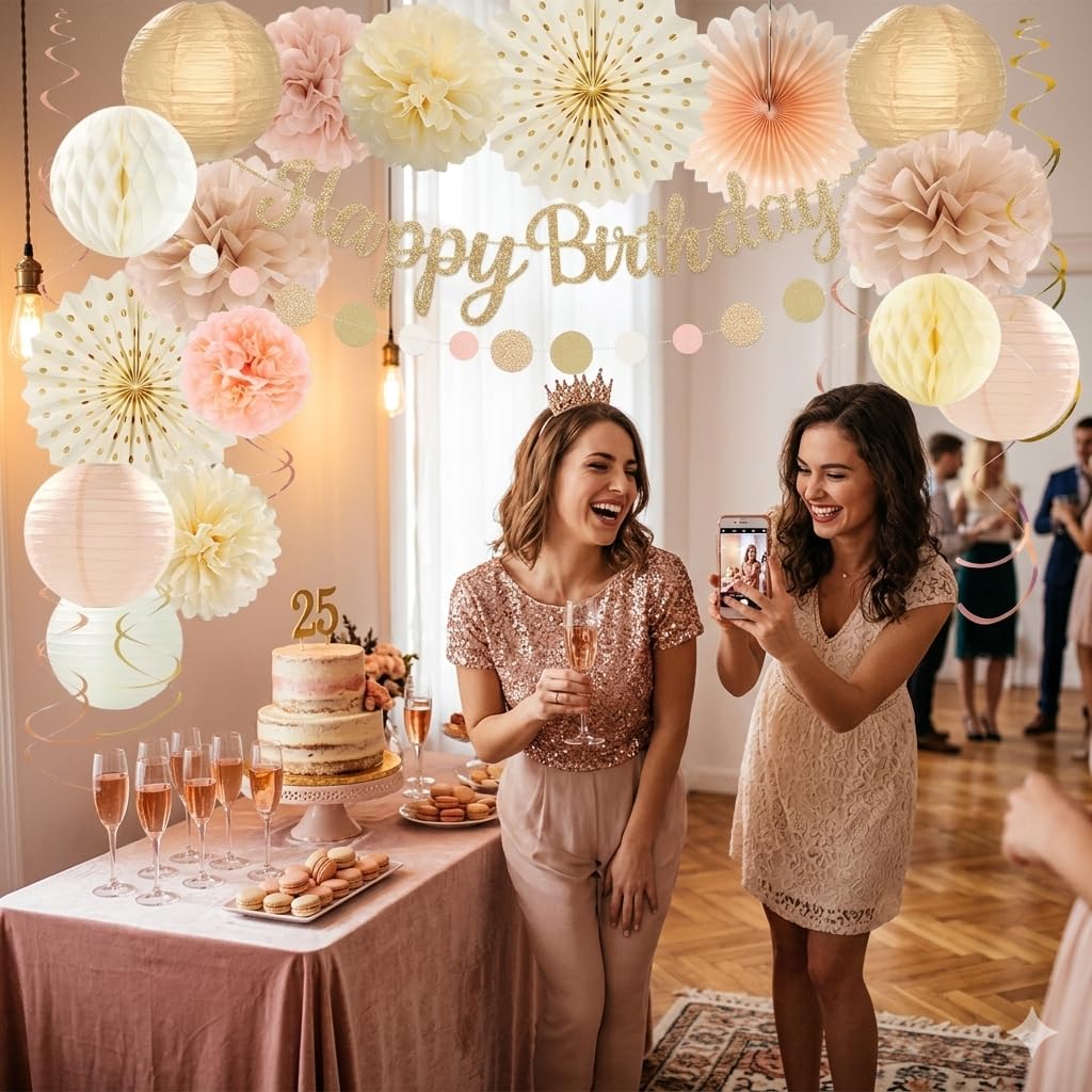 Champagne-Gold Birthday Party Decorations Kit-26 Piece- Glittery Banner,Peach and Cream Yellow Color Scheme Paper Decorations, Birthday Party Supplies for Women Girls Neutral Boho Birthday Party Decor