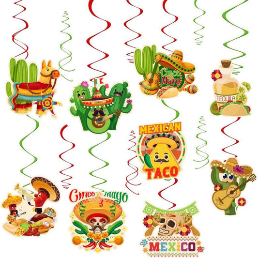 18 Pcs Cinco de Mayo Hanging Swirl Decorations, Mexican Fiesta Party Supplies - 9 Foil Swirls with Pendants, 9 Double Swirls for Cinco de Mayo, Taco Tuesday, Mexican Birthday & Fiesta Decor