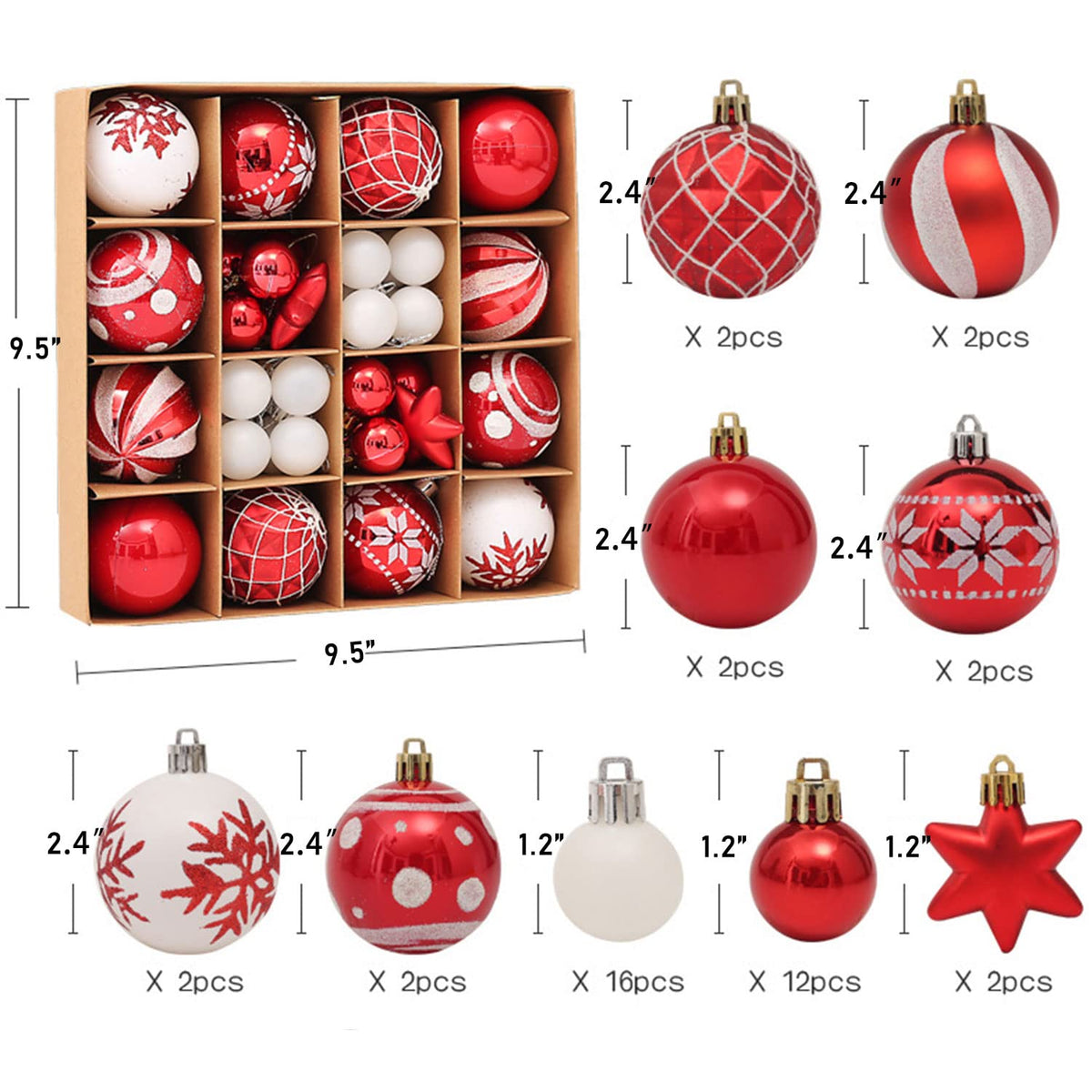 46Ct Red White Christmas Tree Ball Assorted Ornaments Pendants, 2.4" Christmas Shatterproof Shine Ball Decoration for Christmas Tree Holiday