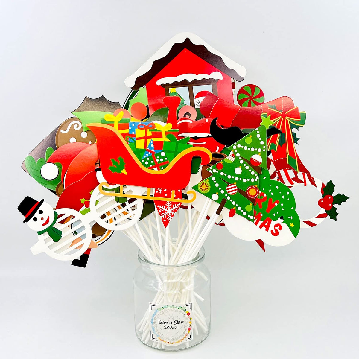 Christmas Photo Booth Props 36Pcs（Upgraded Version, Merry Christmas Party Pose Sign, Red and Green Xmas Party Supplies Decorations