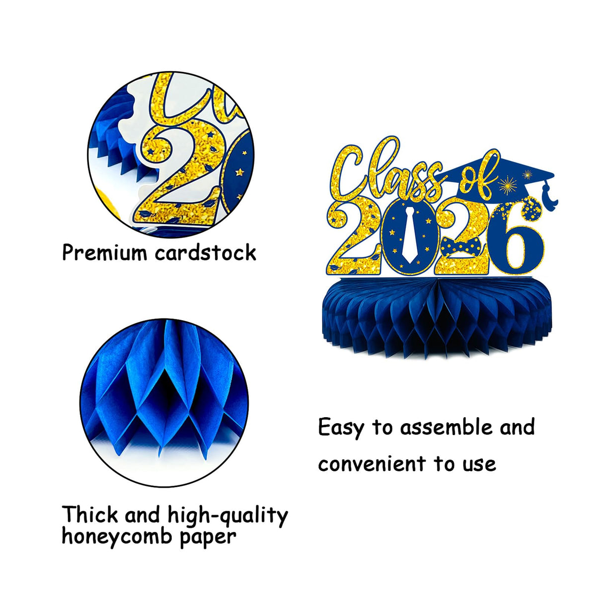 8 Pcs Blue and Gold Graduation Centerpieces for Tables 2026 - Class of 2026 Congrats Grad Party Decorations Supplies Table Toppers, Navy Blue Graduation Honeycomb Centerpieces for College High School
