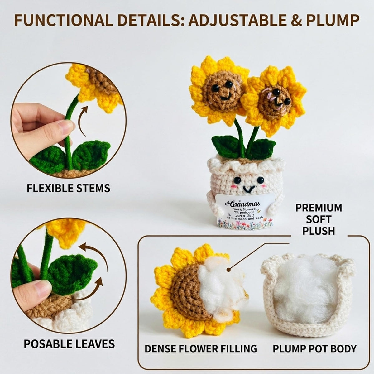 Seasons Stars SSDecor Handmade Emotional Support Crochet Sunflower Gift for Grandma - Positive Crochet Gifts, Sentimental Birthday for Grandmother, Unique Hand-Knitted Forever Bouquet