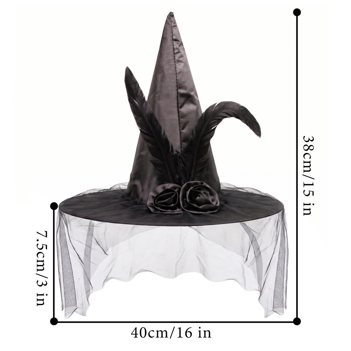 Halloween Black Witch Hat for Women with Elegant Flower Veil Feathers