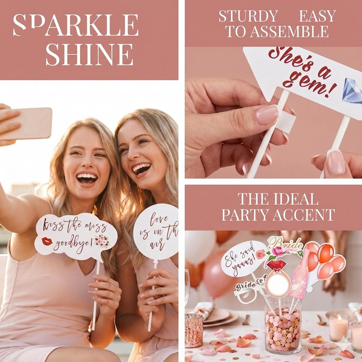 Bachelorette Party Photo Booth Props-23 Pcs, Water-Resistant Rose Gold Bridal Shower Decorations Wedding Photo Booth Props, Funny Team Bride Selfie Signs Glasses for Engagement Hen Do Wedding