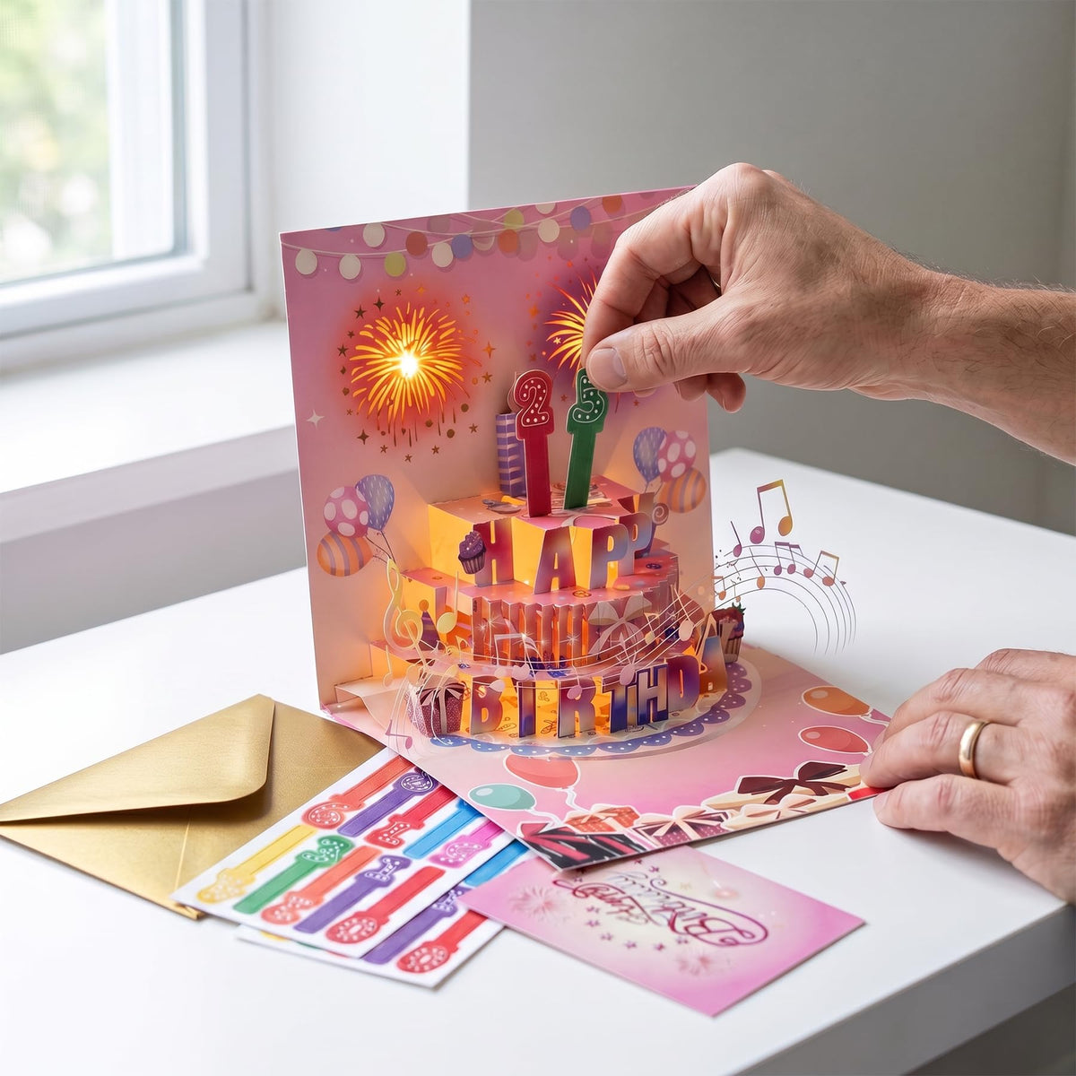 3D Pop Up Musical Birthday Card with Blow Out Candle and LED Firework Lights -Customizable Age Numbers (0-9), Envelope and Note Card, 7 x 7 Inches, Perfect for Women, Men, Kids, Family, Friends