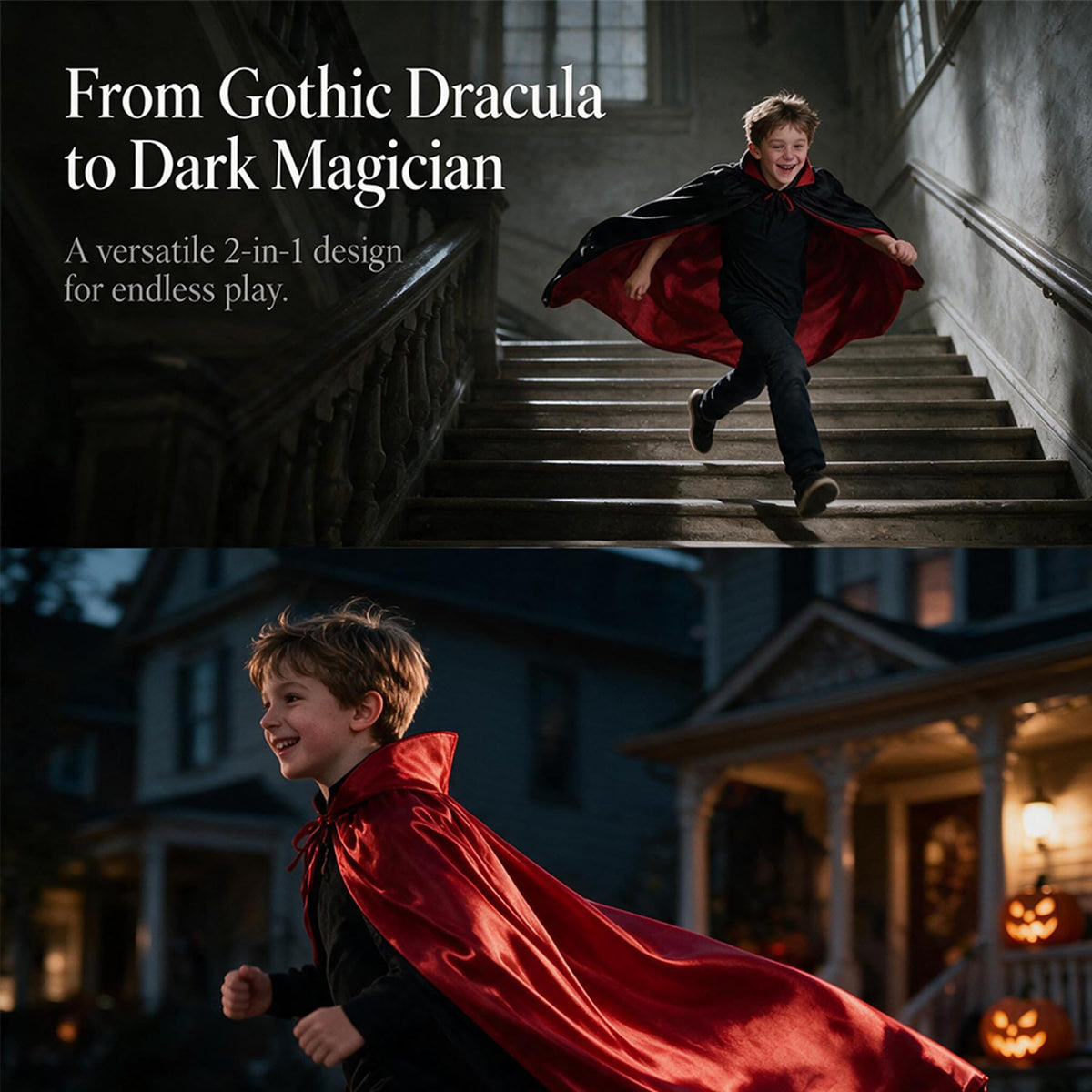 Kids Reversible Vampire Cape Halloween Cloak Red & Black Thickened Collar